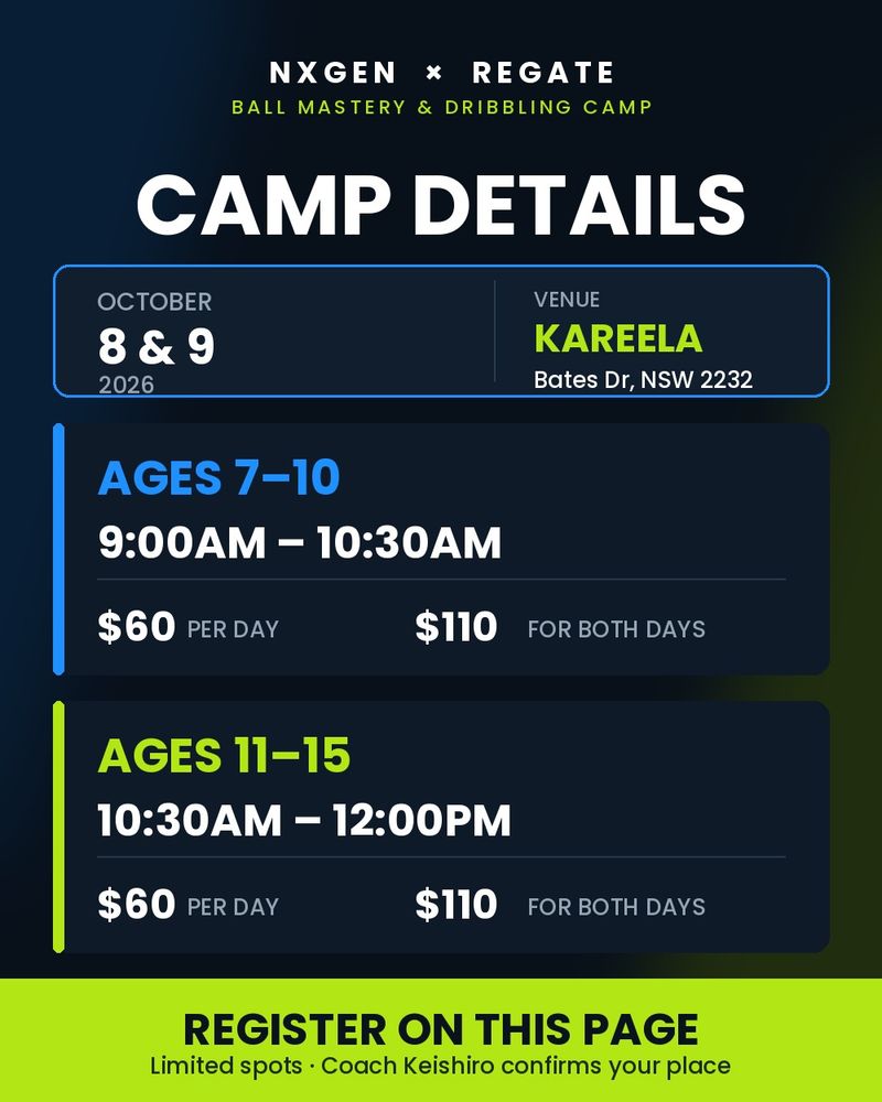 NXGEN x Regate camp details: 8 and 9 October 2026 at Bates Dr, Kareela NSW 2232. Ages 7 to 10 train 9:00am to 10:30am, ages 11 to 15 train 10:30am to 12:00pm. $60 per day or $110 for both days.